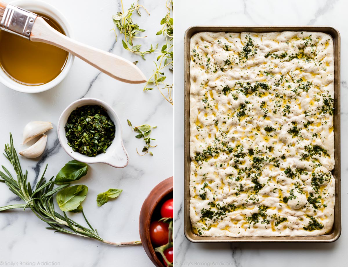 Toppings for bread including olive oil, rosemary, thyme, and fresh garlic
